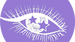 White outline of an eye with two purple stars in the center and long eyelashes