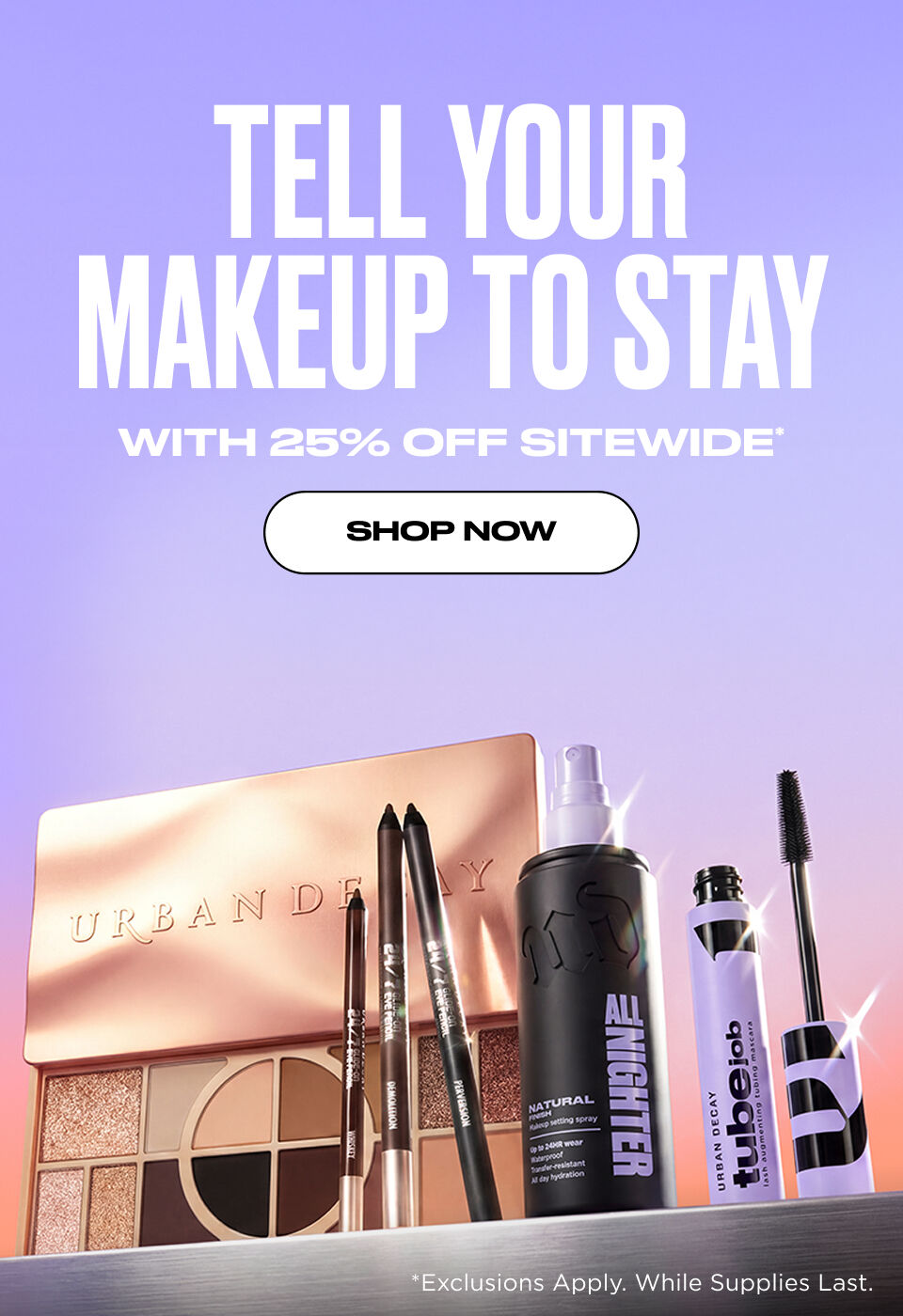 Perform, don't conform. Looked in looks. All day wear. *Products shown: 24/7 Eyeliner, All Night Setting Spray, Tube Job Mascara., and naked eye palette.  