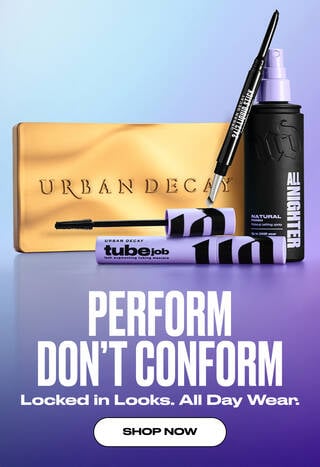 Perform, don't conform. Looked in looks. All day wear. *Products shown: 24/7 Eyeliner, All Night Setting Spray, Tube Job Mascara., and naked eye palette.