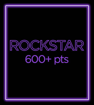 ROCKSTAR 600+ pts written in purple neon letters with black background.